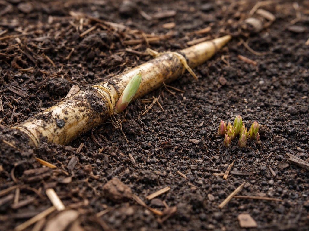 Garden soil with a bare bamboo rhizome partially visible, showing delayed emergence with a few tiny shoots