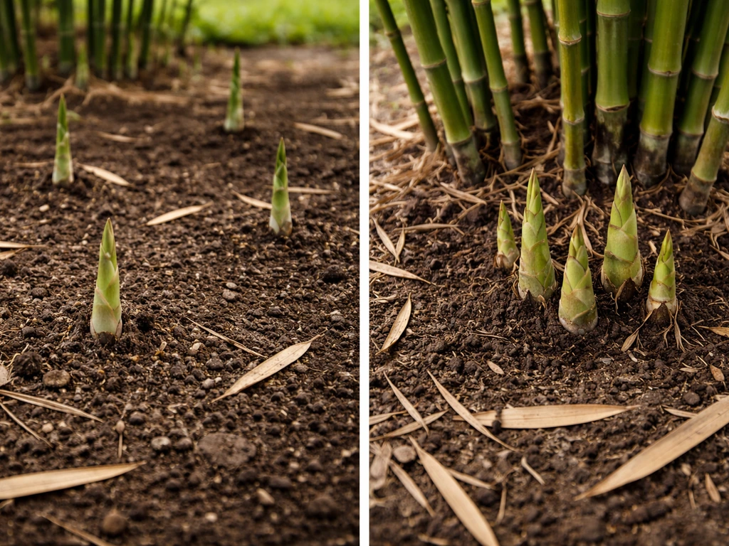 Close view of bamboo growth: one side shows spaced long running shoots, the other shows clustered clumping shoots near t