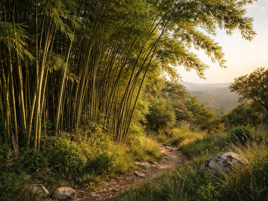 Sunlit bamboo grove on a South African hillside with surrounding local vegetation