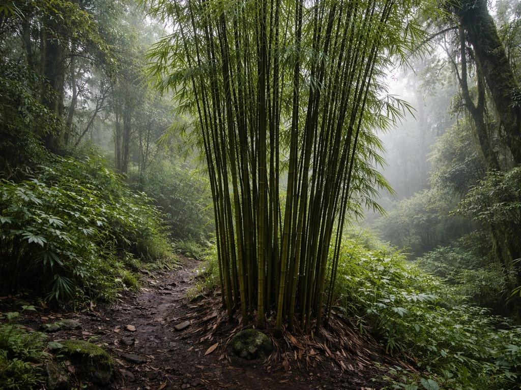 Ethiopian montane forest with native highland bamboo (Oldeania alpina) growing among misty greenery