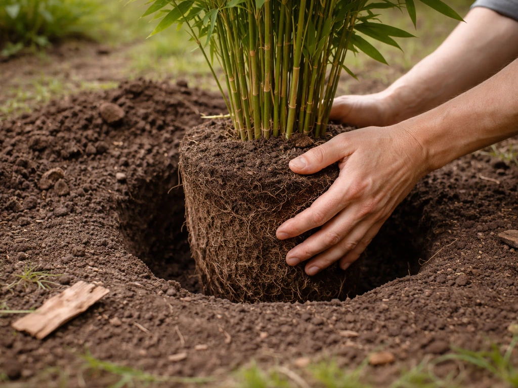 Hands placing a bamboo clump into a garden hole at the correct depth with soil level visible.