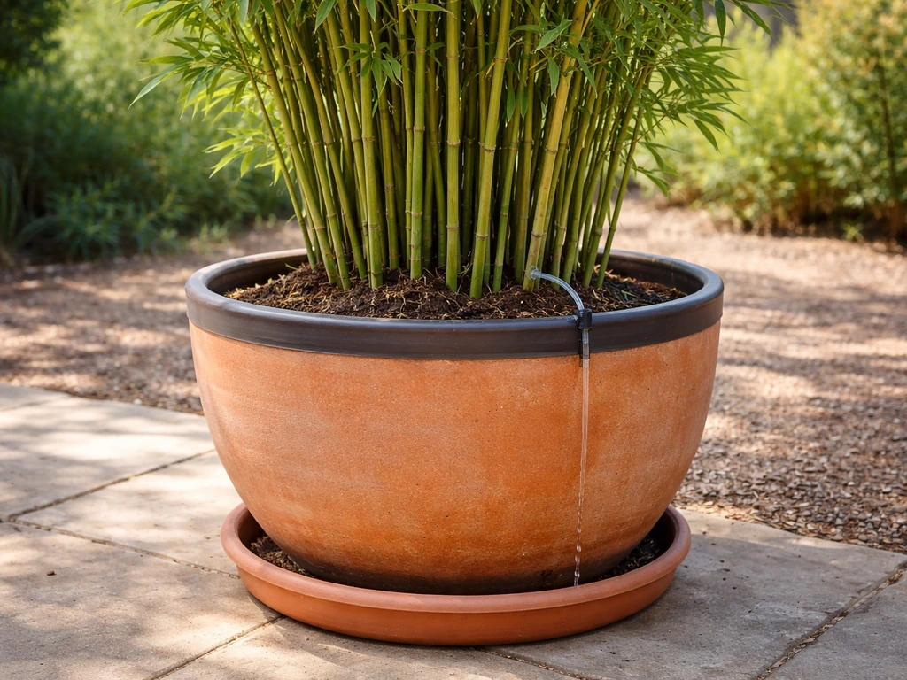 Large pot with running bamboo, visible containment barrier, and drainage saucer with drip watering.