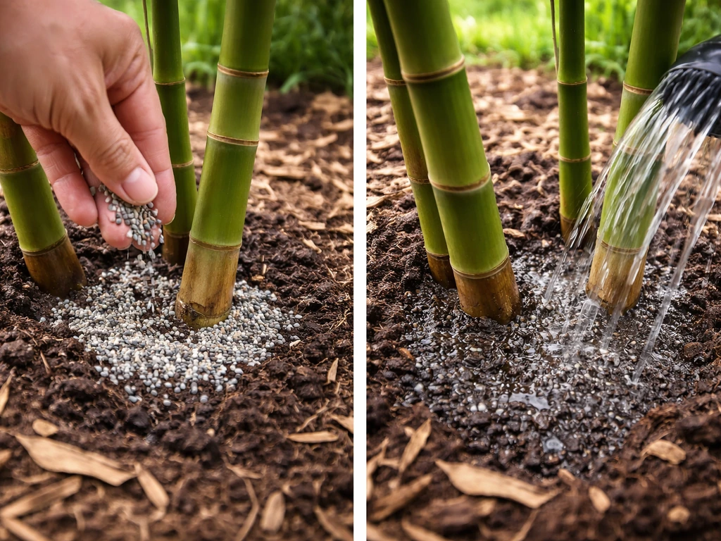 Hand sprinkles granular fertilizer around bamboo shoots as water moistens the soil.
