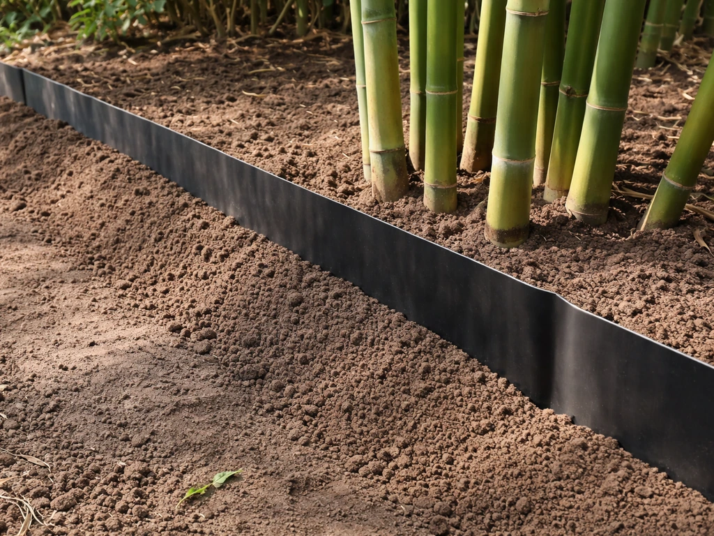 Running bamboo near an exposed HDPE rhizome barrier trench preventing underground spread.