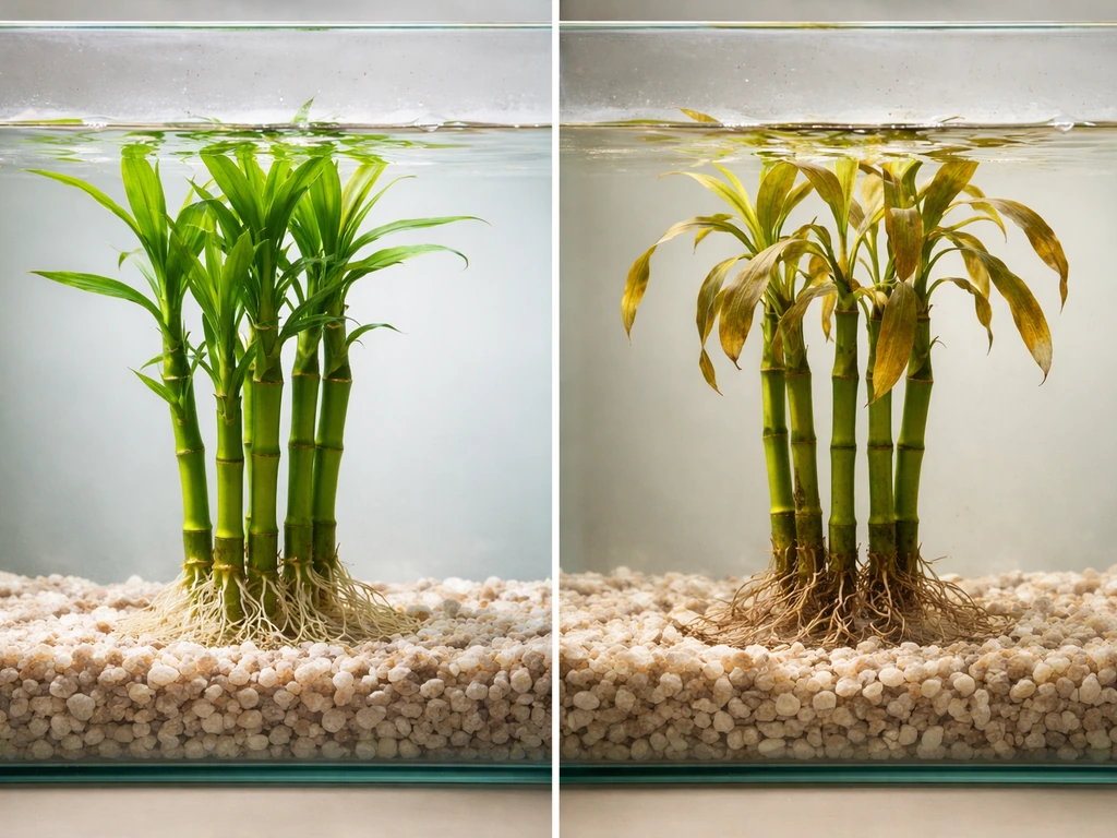 Split-scene: healthy bamboo roots growing in water vs brown, struggling leaves in a fish tank.