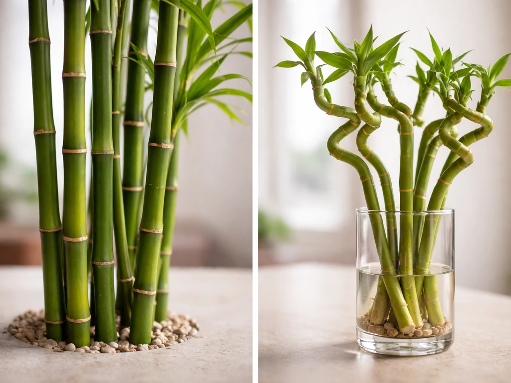 Side-by-side photo of upright true bamboo culms versus spiral lucky bamboo in water