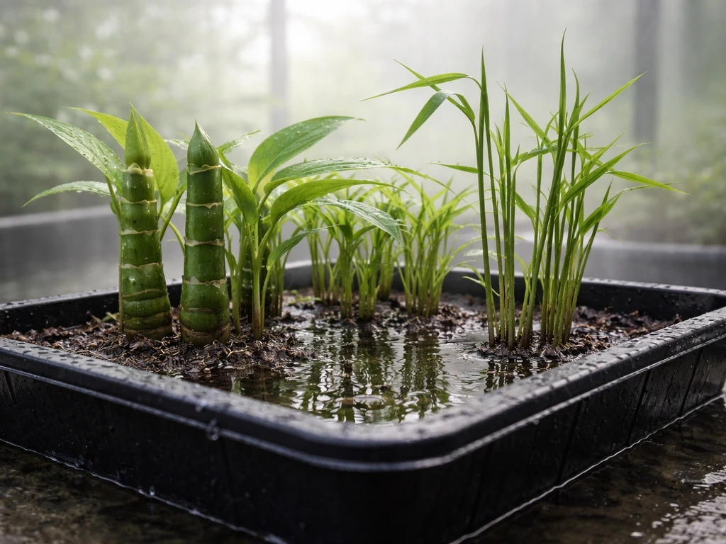 Wet greenhouse propagation tray with clumps of water bamboo and switchcane-like bamboo in shallow water