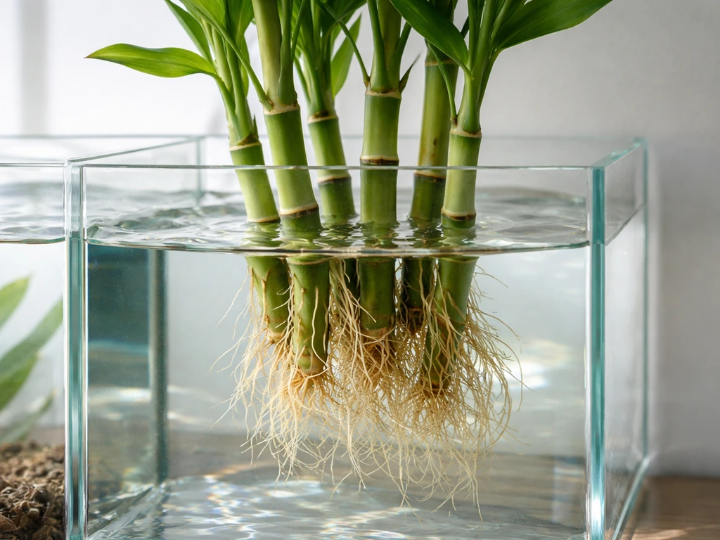 Close-up of lucky bamboo with roots submerged in aquarium water and canes extending above the waterline.