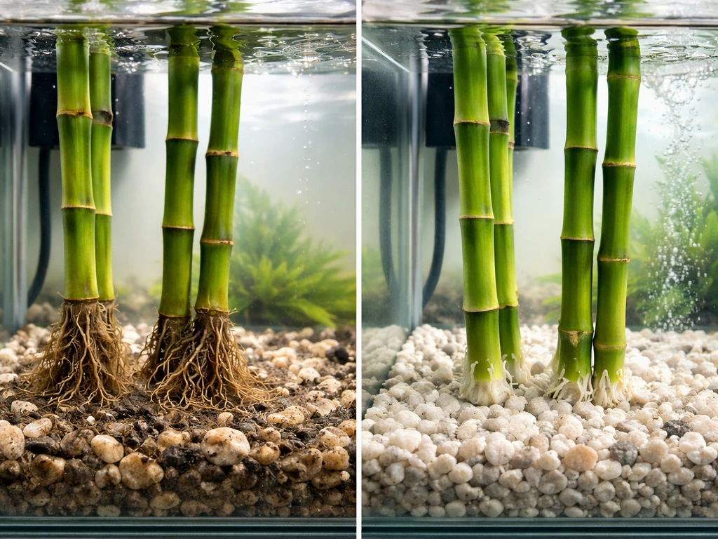 Aquarium bamboo showing early root rot on one side and trimmed, healthier roots in the same tank.