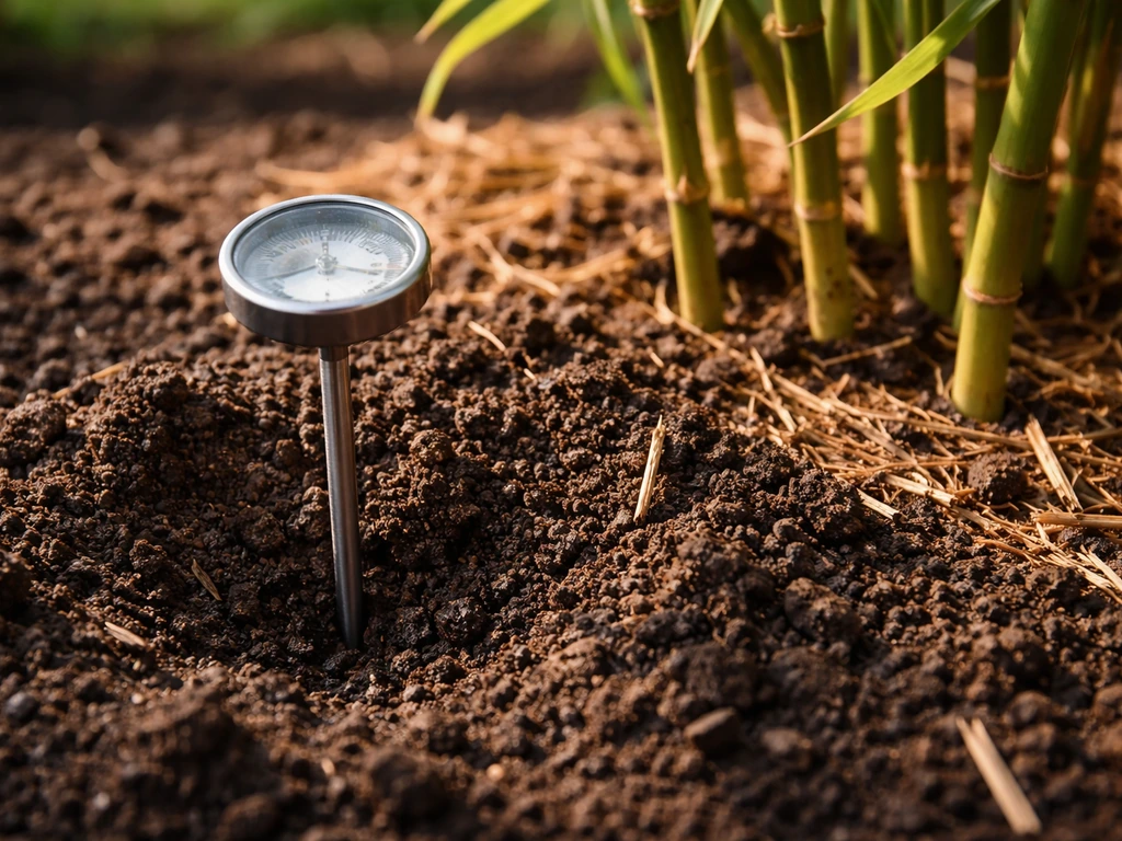 Soil thermometer placed in garden soil near bamboo bed, warm sun lighting the ground.