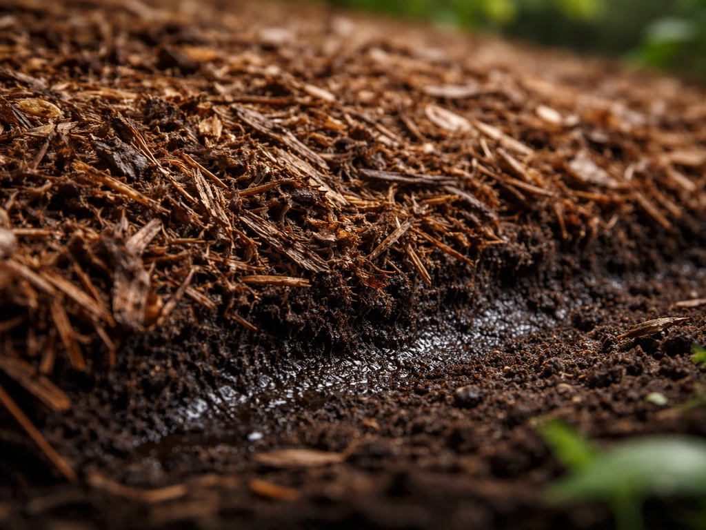 Close-up of thick organic mulch over dark damp soil beneath, showing moisture retention and moderated soil temperature.