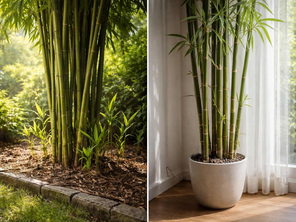 Split image: outdoor bamboo in full sun vs indoor bamboo by a bright window, showing stronger outdoor shoots.