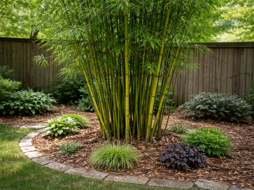 Cold-hardy bamboo clump growing in an outdoor North Carolina-style backyard garden.