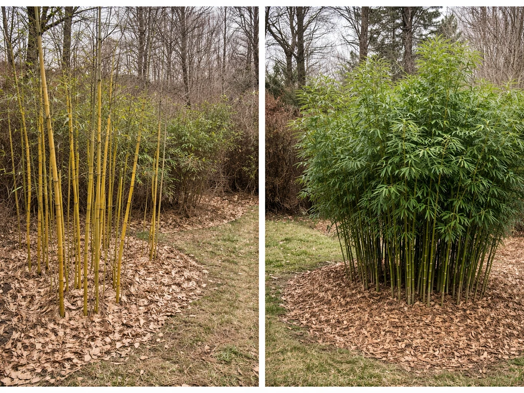 Split-view photo showing yellow-groove running bamboo versus a clumping bamboo clump in a winter NC garden.