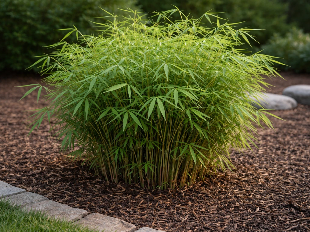 Tidy clump of umbrella bamboo (Fargesia) growing in a contained NC garden bed.