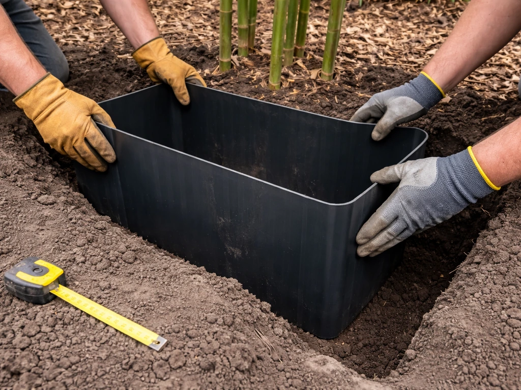 Gloved hands placing an HDPE root barrier around a bamboo perimeter beside a shallow trench.