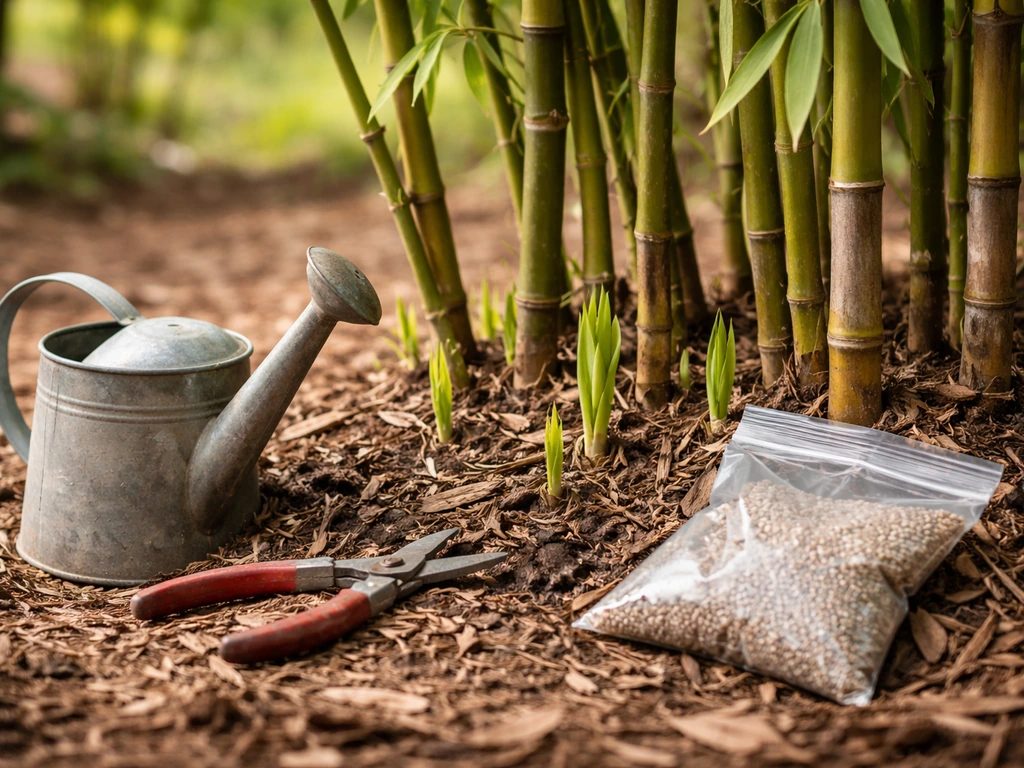 Spring bamboo grove with fresh shoots; watering can and pruning shears near soil and granular fertilizer.