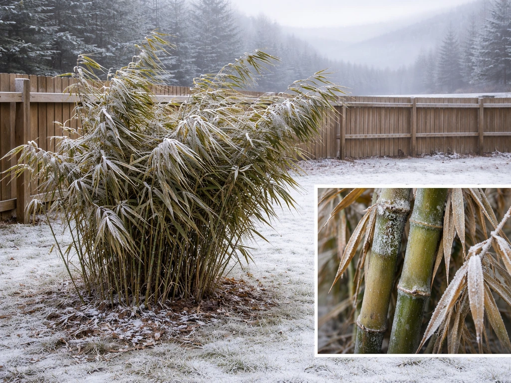 Frosted bamboo in a snowy Iowa backyard with a subtle cold-zone style overlay effect behind it