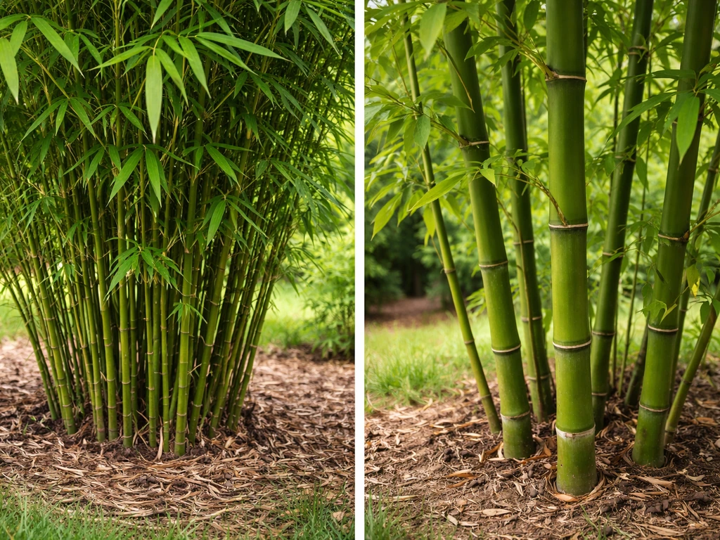 Close-up of clumping Fargesia rufa and running Phyllostachys bissetii bamboo, side-by-side outdoors