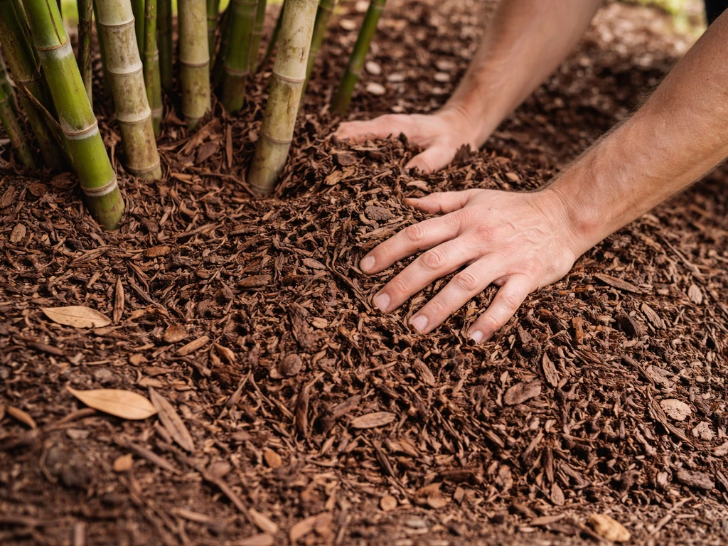 Gardener’s hands spreading thick wood-chip mulch over bamboo root zone
