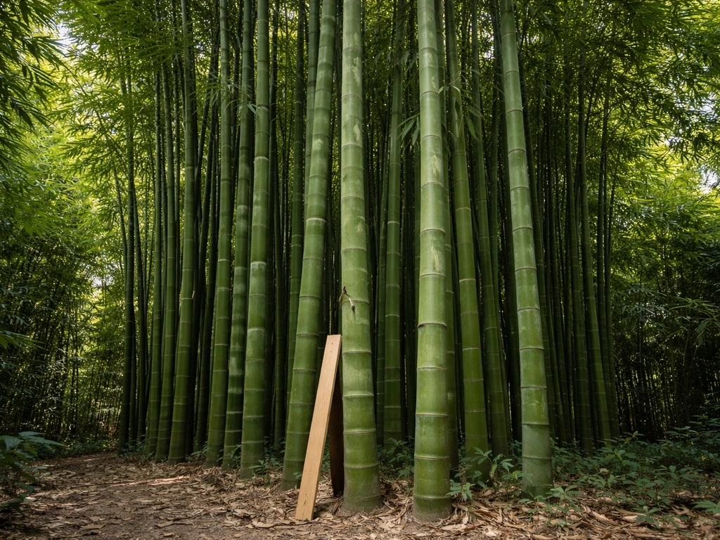 Upward view of a tall bamboo grove with a leaning yardstick on the ground for height perspective.