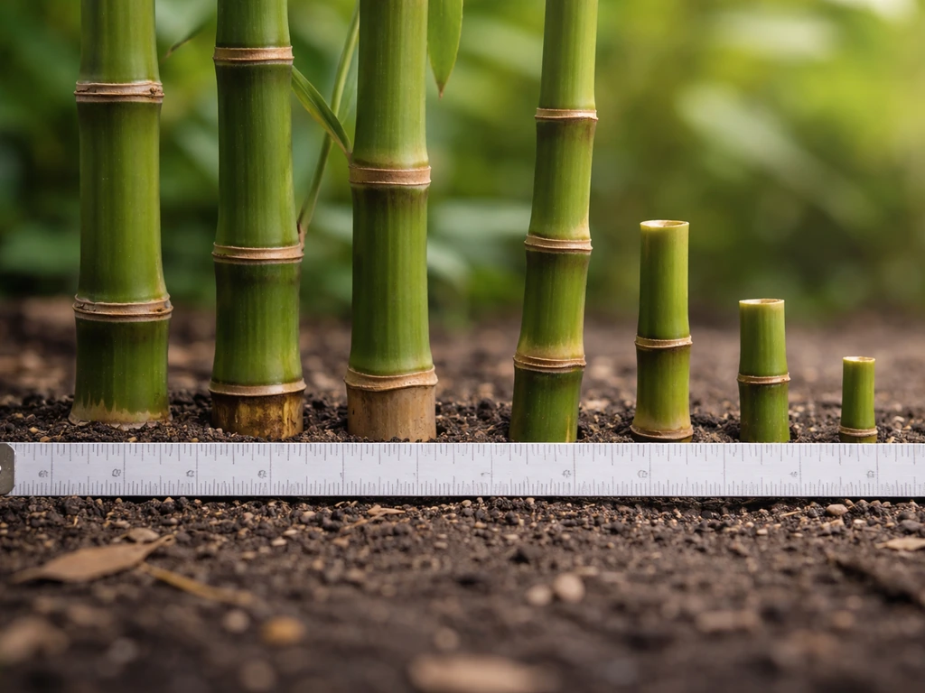 Close-up of bamboo culms with a tape measure beside them outdoors showing small height range