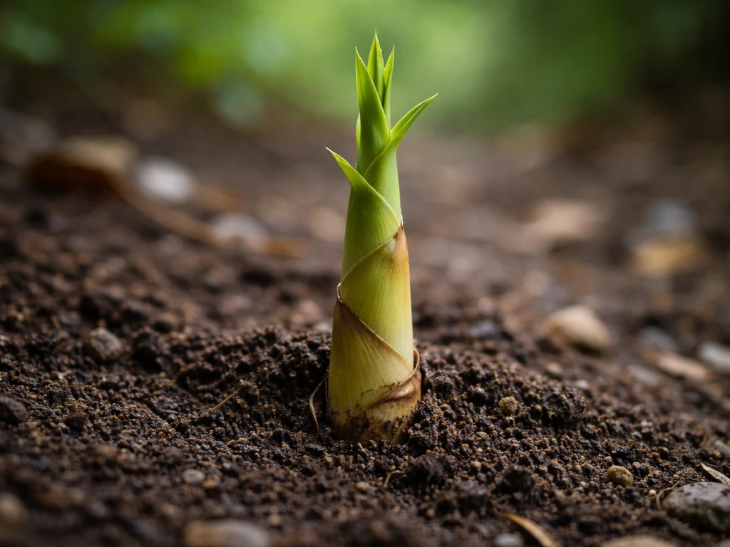 New bamboo shoot emerging from moist soil, tender green stalk rising in close-up.