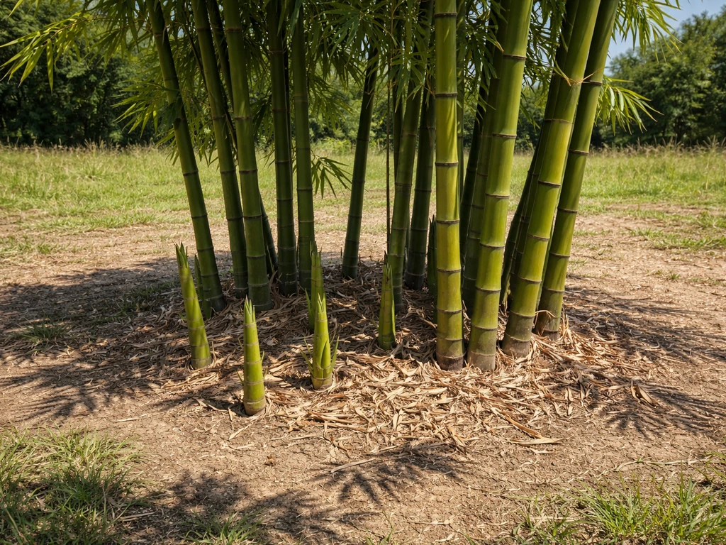 Bamboo grove in a sunny open field with distinct shadows showing strong full-sun lighting.