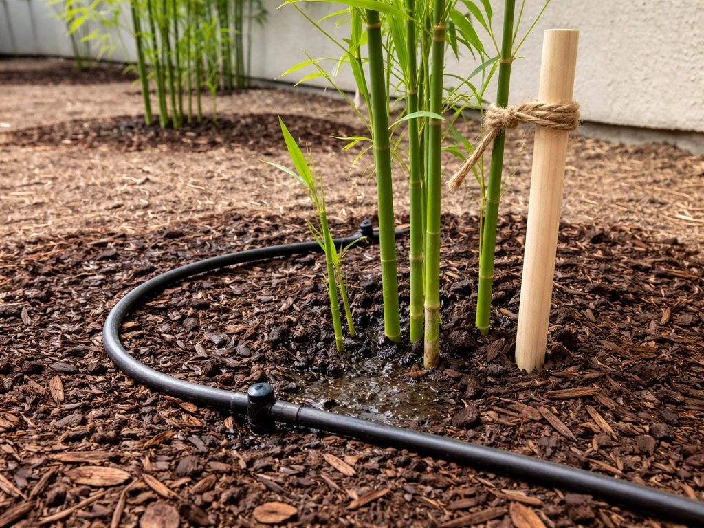 Young bamboo shoots in a mulched bed with a simple drip-watering setup and water-soak stake nearby.