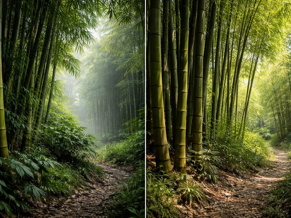 Close view of bamboo in lush habitat with varied greenery suggesting global natural range