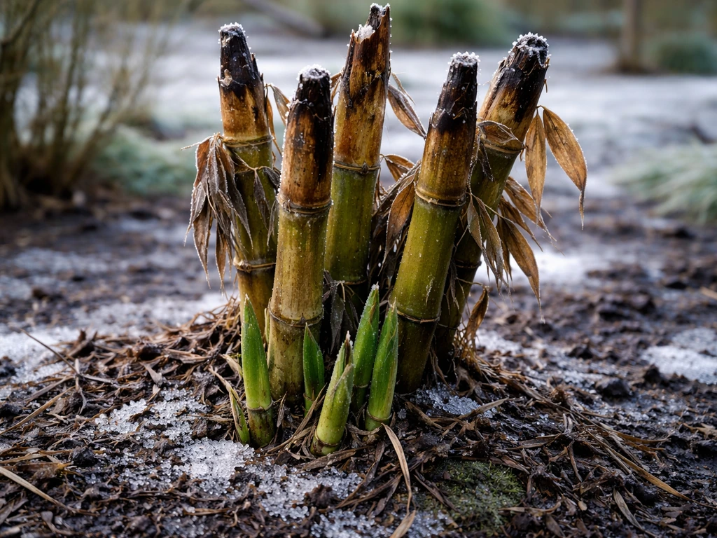 Bamboo culms with frost dieback and nearby protected new shoots after a hard freeze
