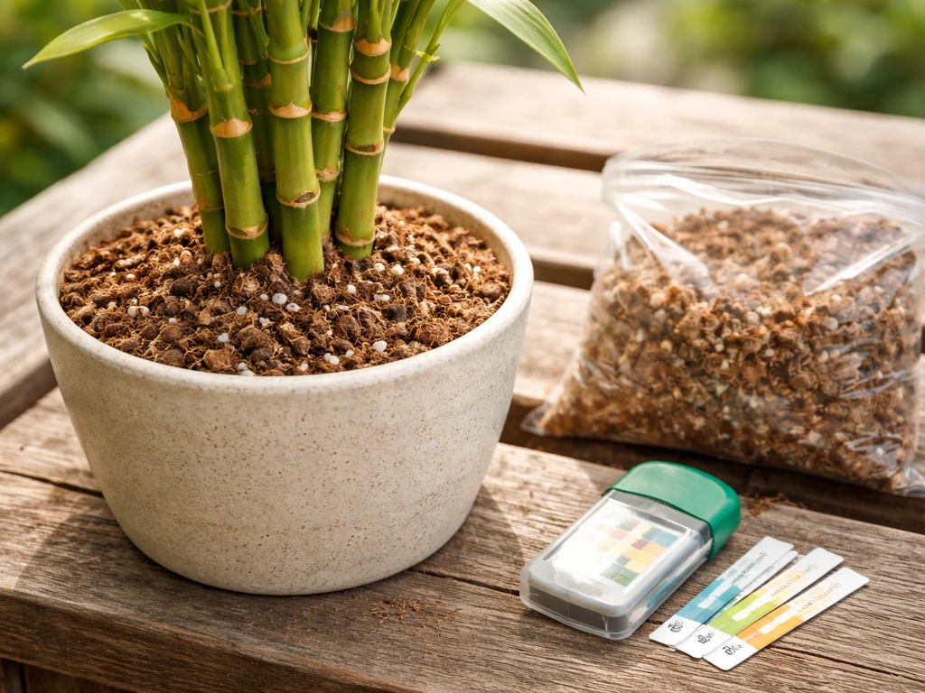 Close-up of bamboo growing mix in a pot with a soil pH test kit nearby, slightly acidic well-aerated substrate.