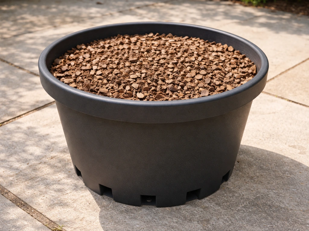 Large bamboo container with drainage holes, coarse mulch top dressing, and well-prepared potting mix.