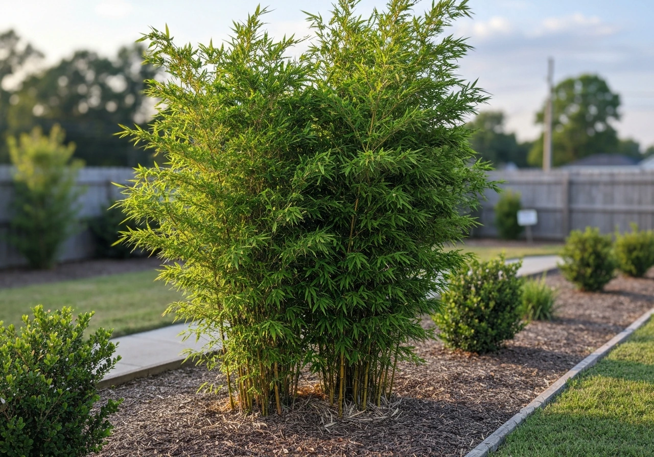 Lush bamboo growing in-ground in a Georgia backyard with warm sunlight and surrounding garden plants.