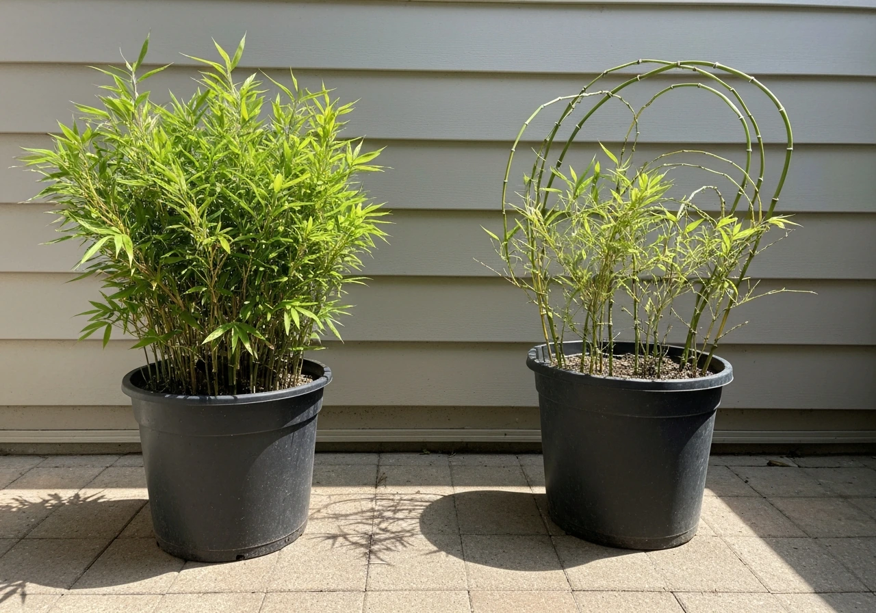 Side-by-side pots showing clumping bamboo tightly grouped versus running bamboo spreading outward.