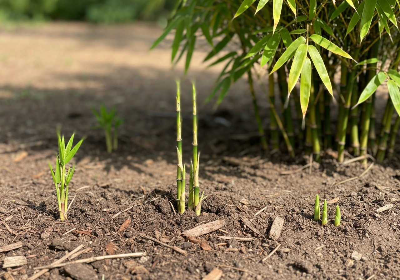 Close view of bamboo planting in Georgia soil, with young shoots and fuller clump growth progression