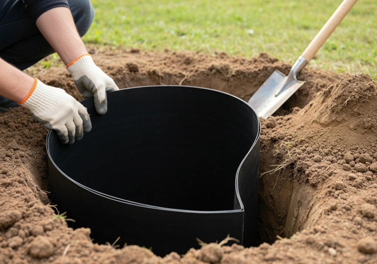 Hands placing an HDPE rhizome barrier around a bamboo planting hole with correct depth and overlap.