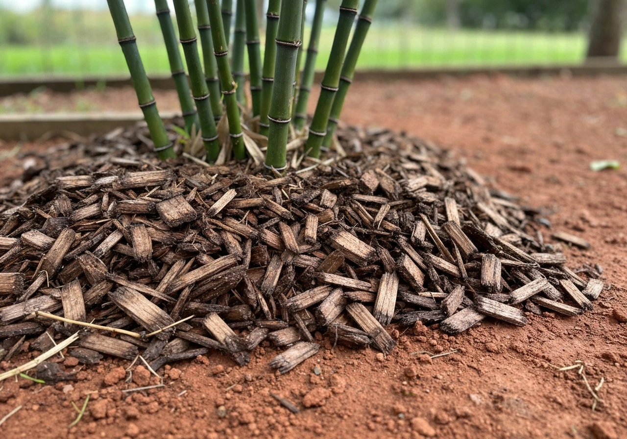 Bamboo base covered with fresh, moist wood-chip mulch showing a thick 3–4 inch layer.