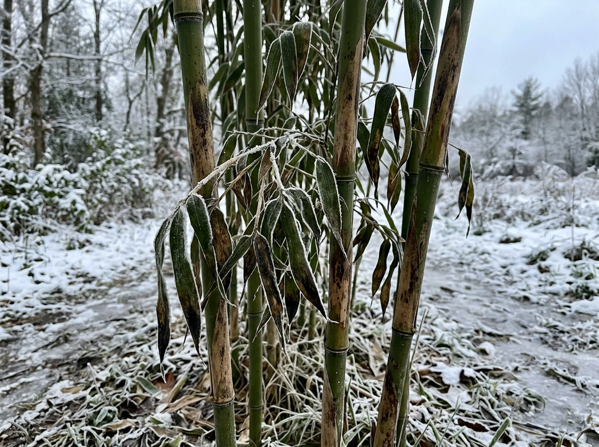 Frost damage on bamboo culms showing limit of extreme cold