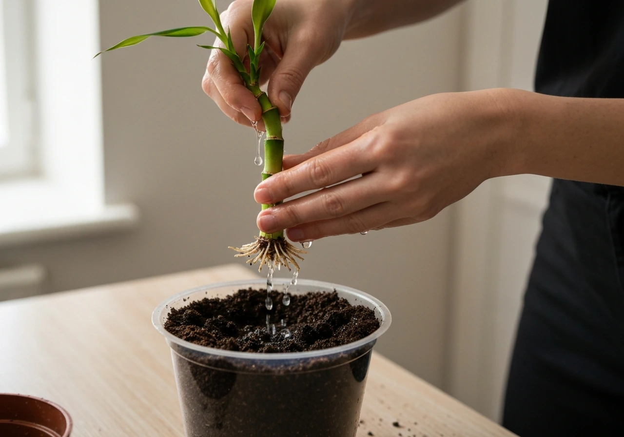 Hands rinsing lucky bamboo roots and placing a cutting into a soil-filled pot
