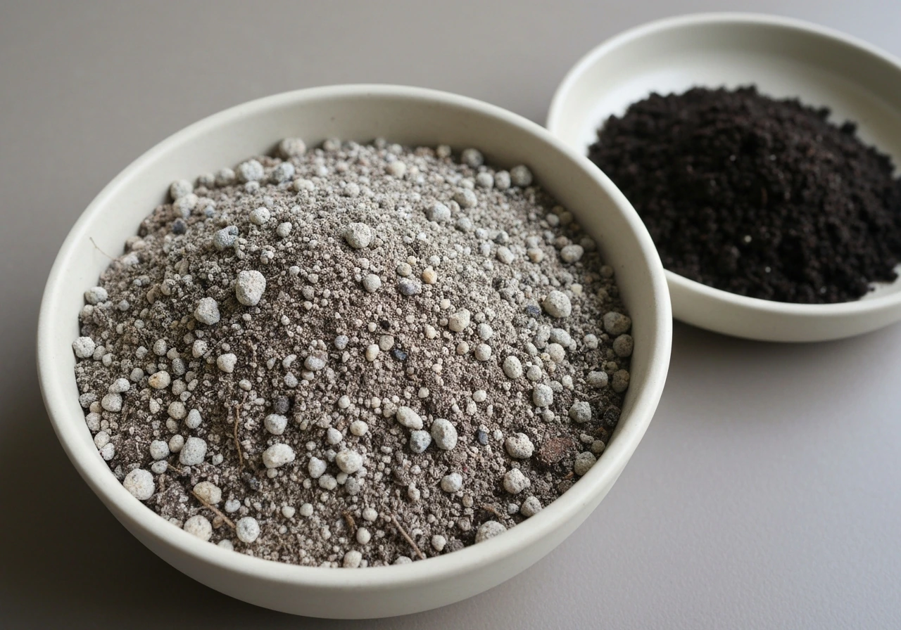 Closeup of an airy soil mix with perlite/pumice in a bowl beside a darker, compacted dense soil sample.