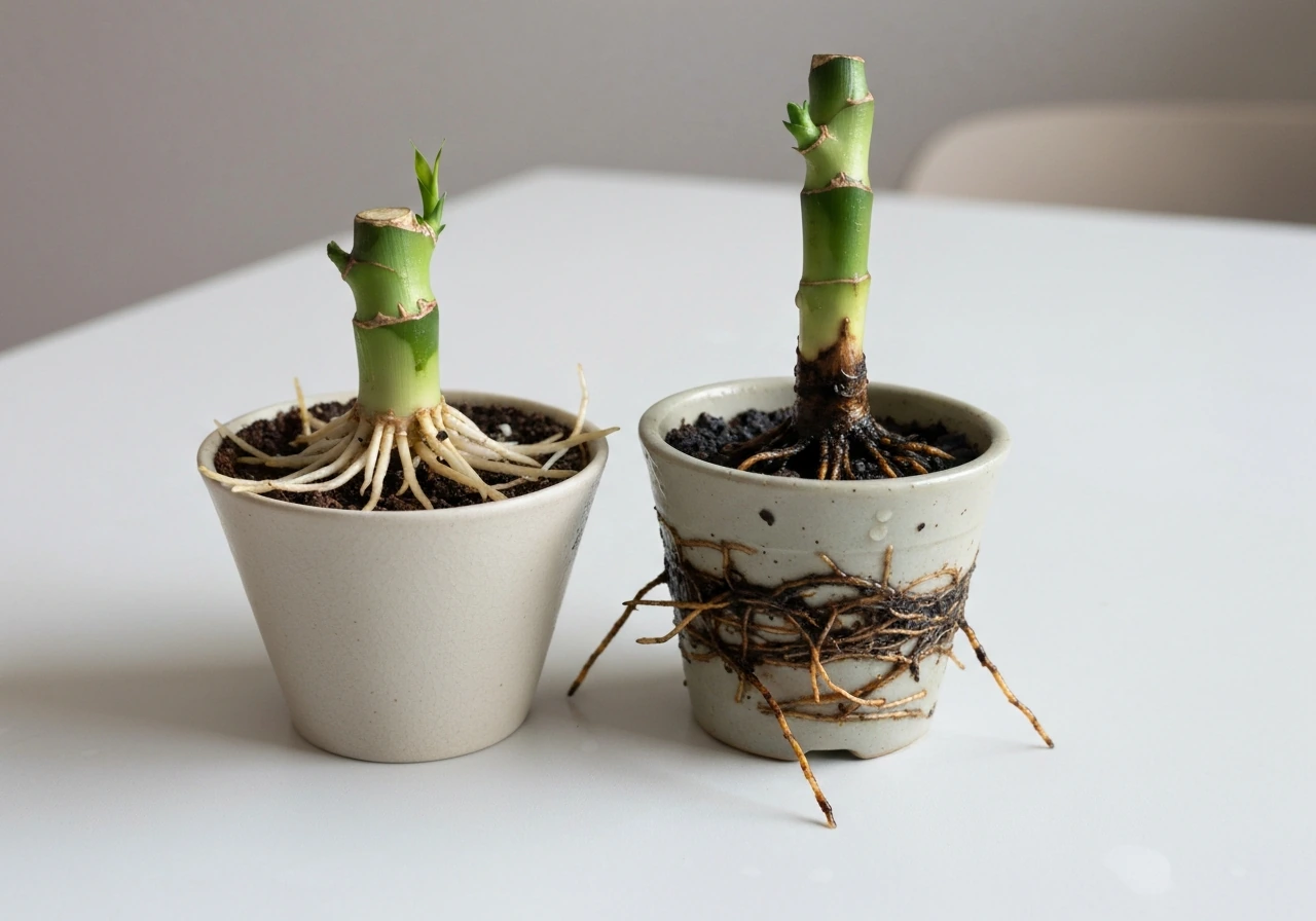 Close-up of lucky bamboo roots in two soil pots: healthy pale roots vs root rot dark mushy roots.