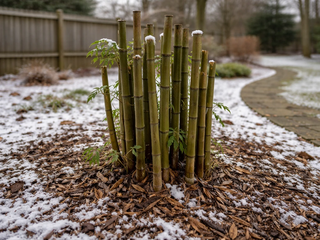 Cold-hardy bamboo clump in an Indiana backyard with light snow and new winter regrowth.