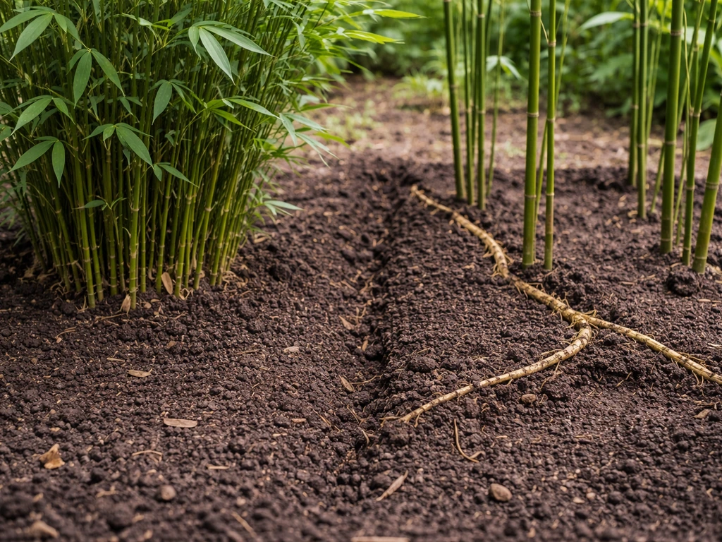 Two small bamboo plants side by side: clumping tufts versus running bamboo with visible underground spread.