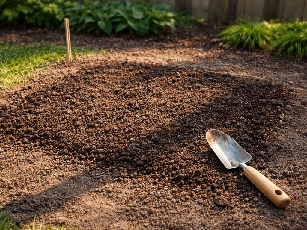 Prepared garden planting bed with compost amendment and contrasting sun-and-shade shadows