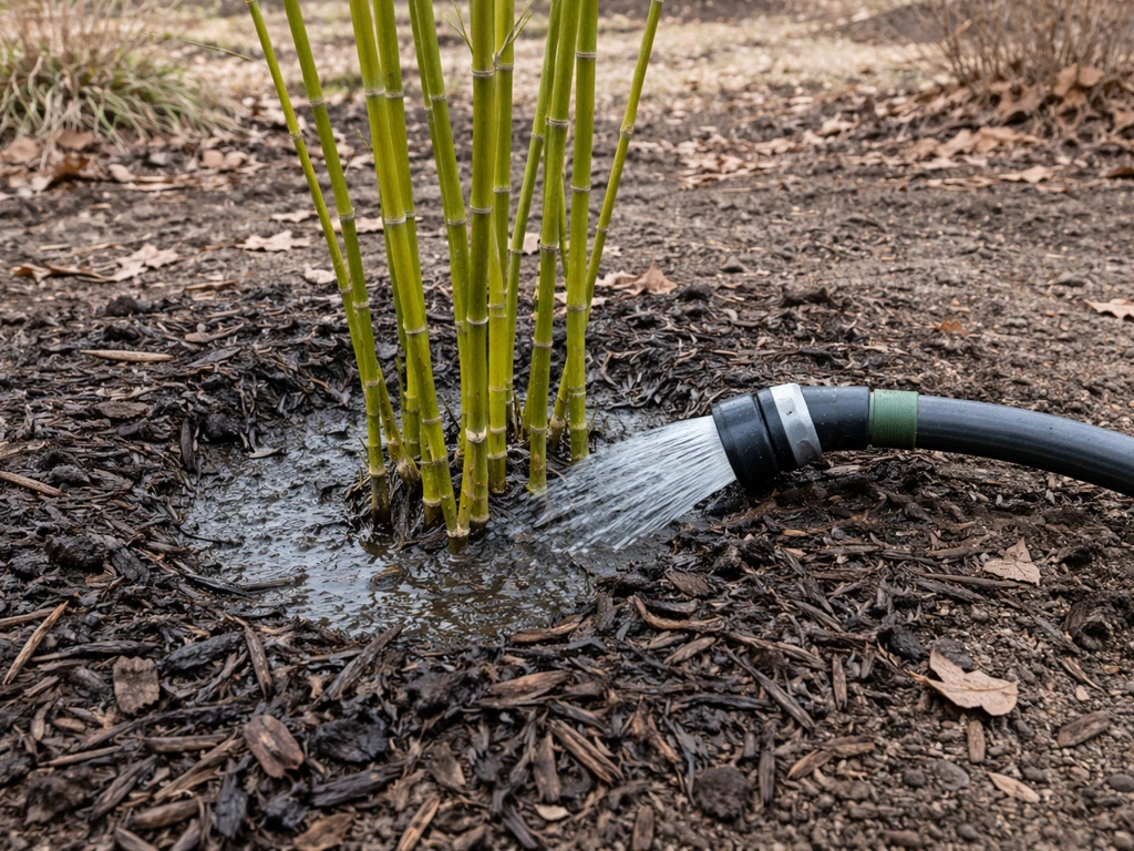 Gardener deep-watering newly planted bamboo at the base, mulch and soaker hose in early winter light.