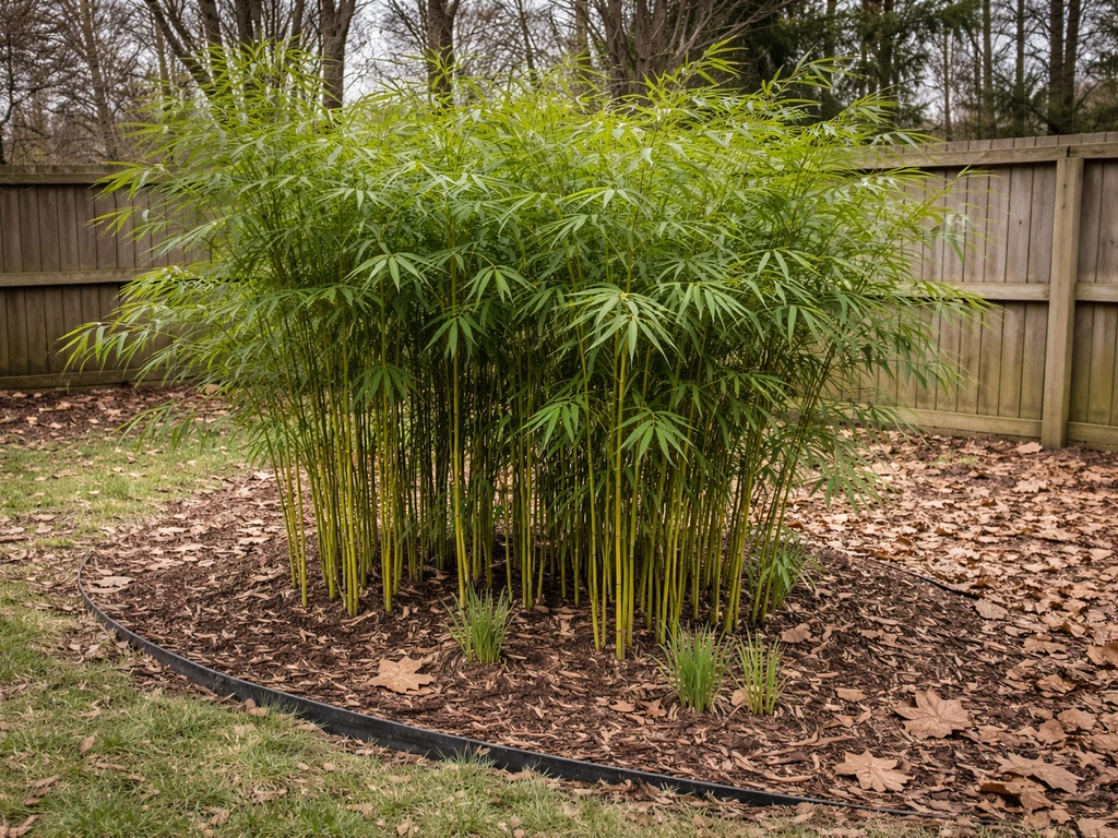 Cold-hardy bamboo thriving in a Chicago-area yard with winter-dormant grasses and fresh spring growth.