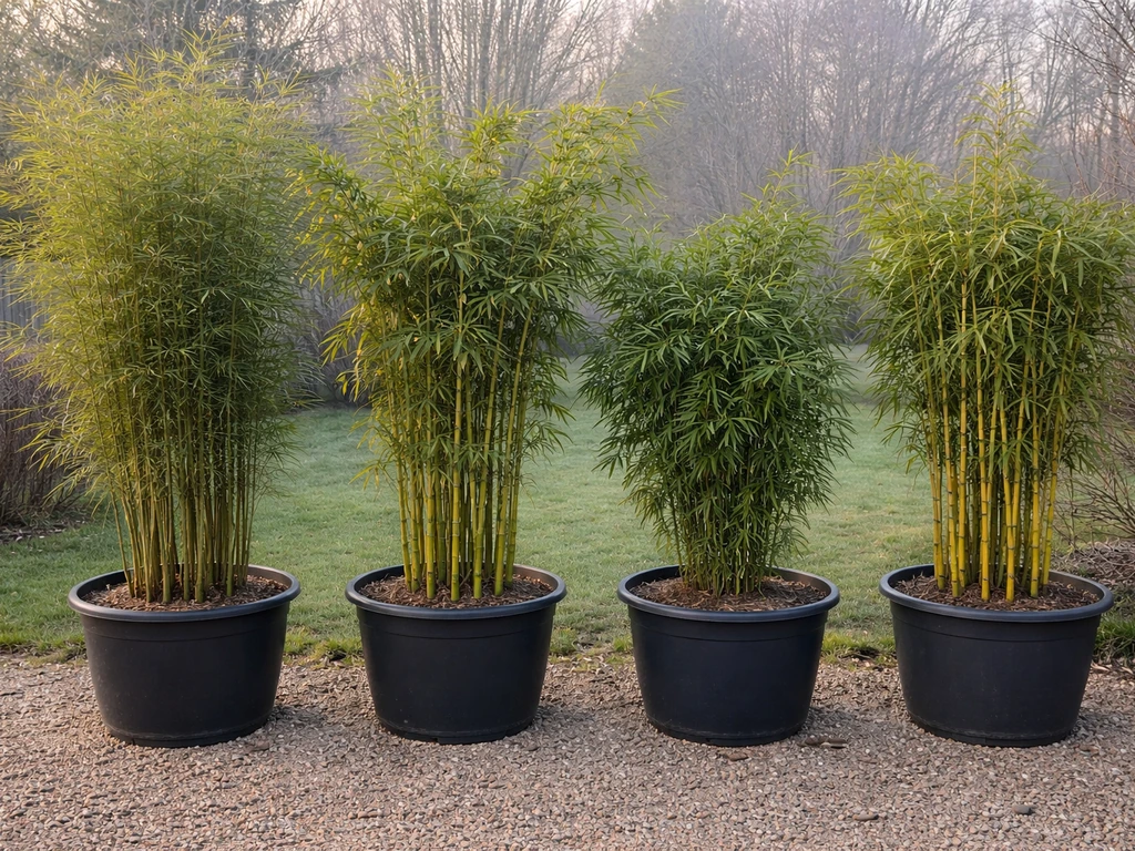 Cold-hardy bamboo clumps in pots arranged side by side in natural outdoor light