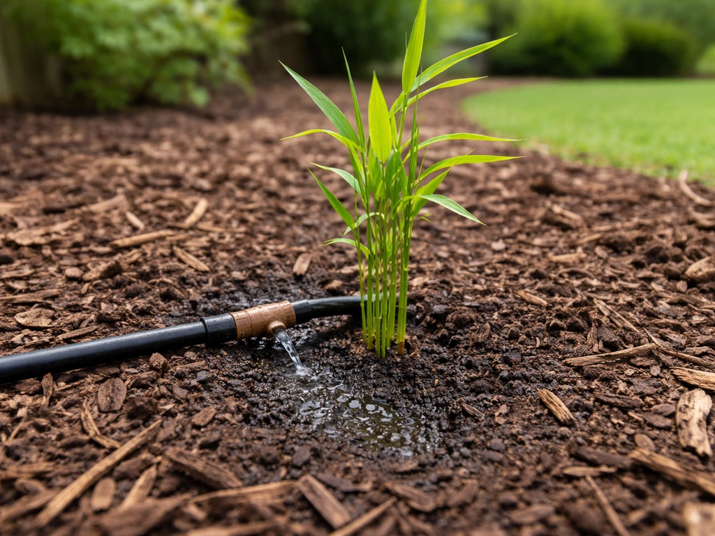 New bamboo seedling in damp soil being watered at the roots by a drip line
