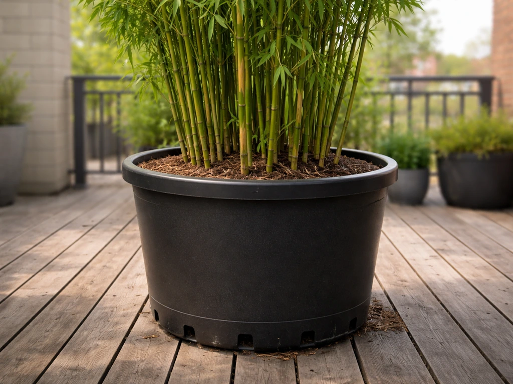 Large 25+ gallon container planter with bamboo on a Chicago patio/deck, showing drainage and water-ready setup.